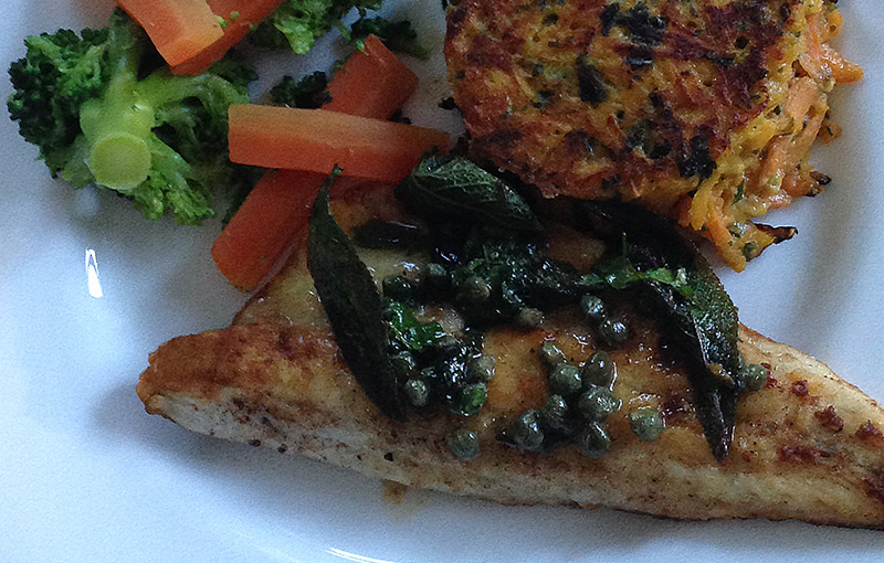 Sea bass, sage and capers with sweet potato rösti